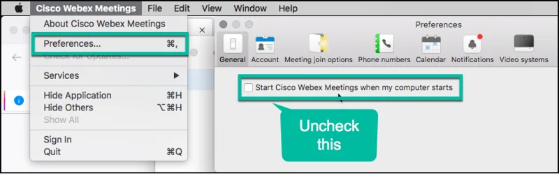 Webex macOS beállítások