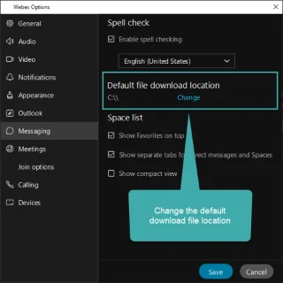 Kā mainīt noklusējuma Webex failu lejupielādes krātuves vietas ceļu?