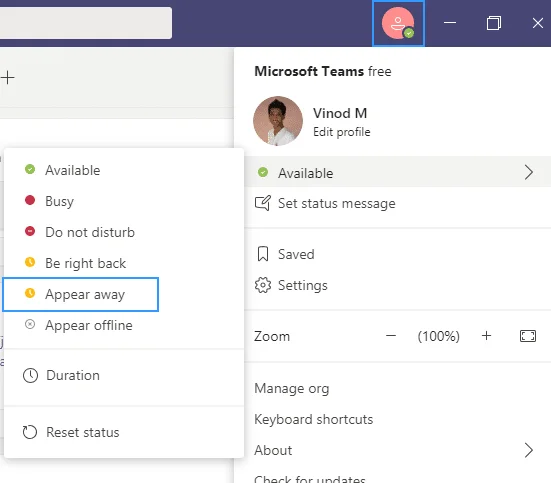 Como podo configurar o estado dos meus equipos como Ausente e escribir unha mensaxe de Fóra da oficina?