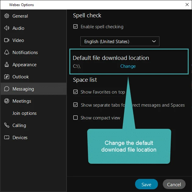 Como cambiar a ruta de localización de almacenamento de descarga de ficheiros Webex predeterminada?