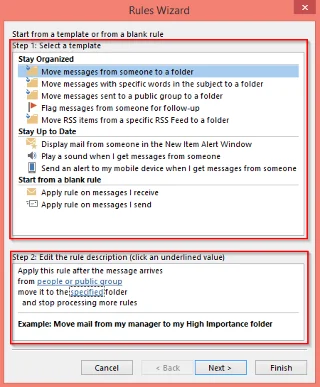 Configuración e uso de regras personalizadas para Outlook 2016/2019/365