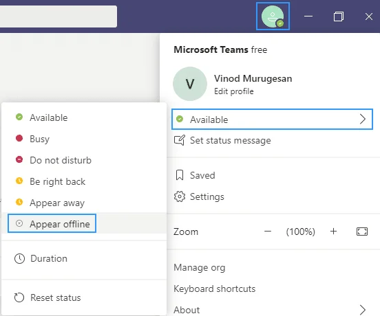 Microsoft Teams: az irodán kívüli üzenet és az állapot offline állapotba állítása