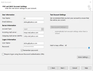 Konfigurációs beállítások a Yahoo Mail Outlook 365-höz való hozzáadásához, 2019, 2016