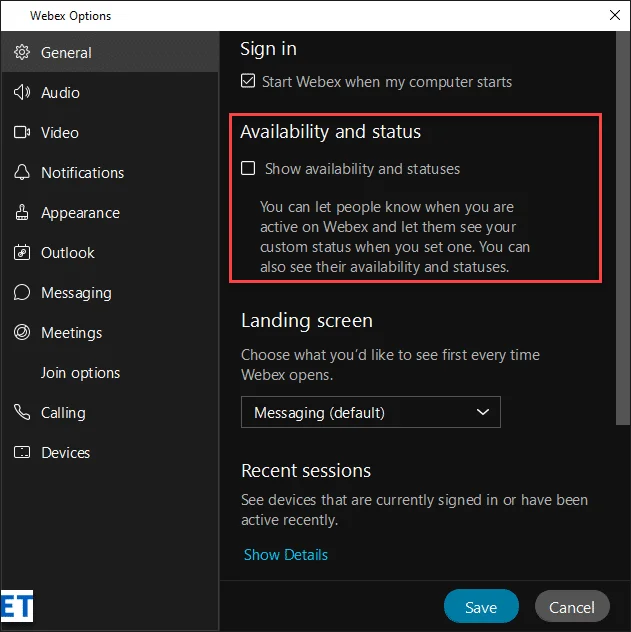 Hvordan angi online status i Webex Teams-appen?