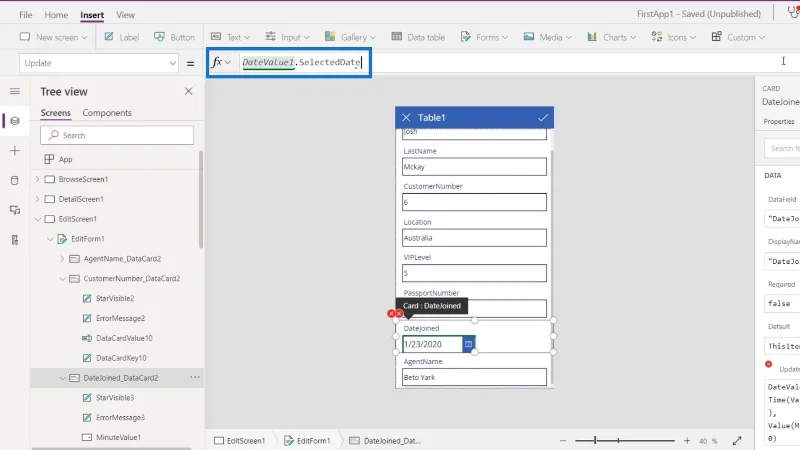 PowerApps-näyttö: muokkaaminen ja päivittäminen