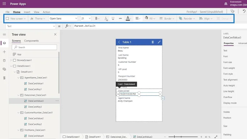 PowerApps-datakort og eiendomstildeling