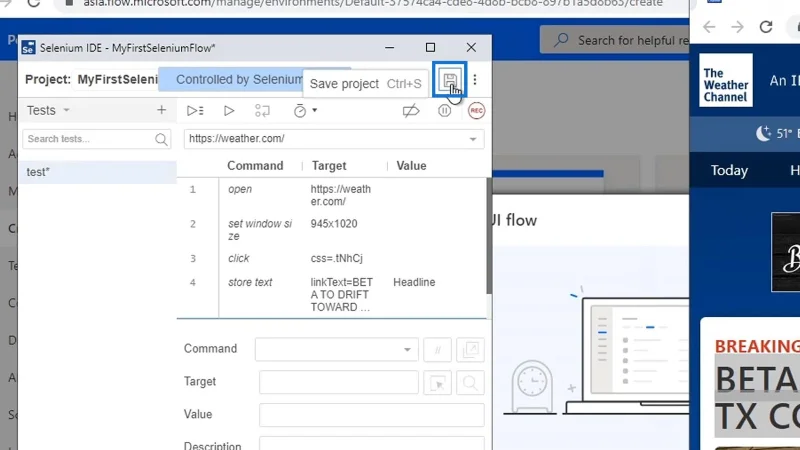 Selenium IDE Power Automate -käyttöliittymässä