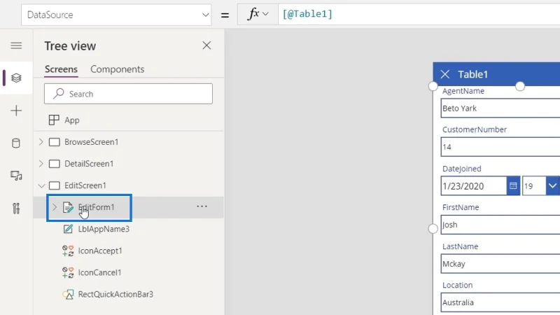 PowerApps-näyttö: muokkaaminen ja päivittäminen