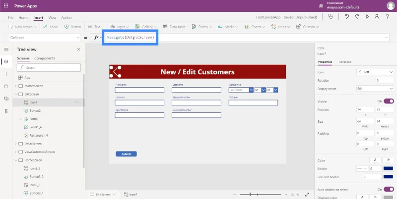 MS Power Appsin yksityiskohtainen näyttö ja lomakenäyttö