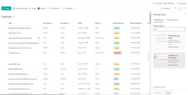 SharePoint-luettelon muotoilun esittely