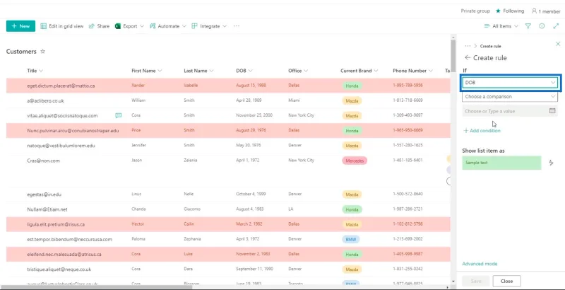 SharePoint-luettelon muotoilun esittely