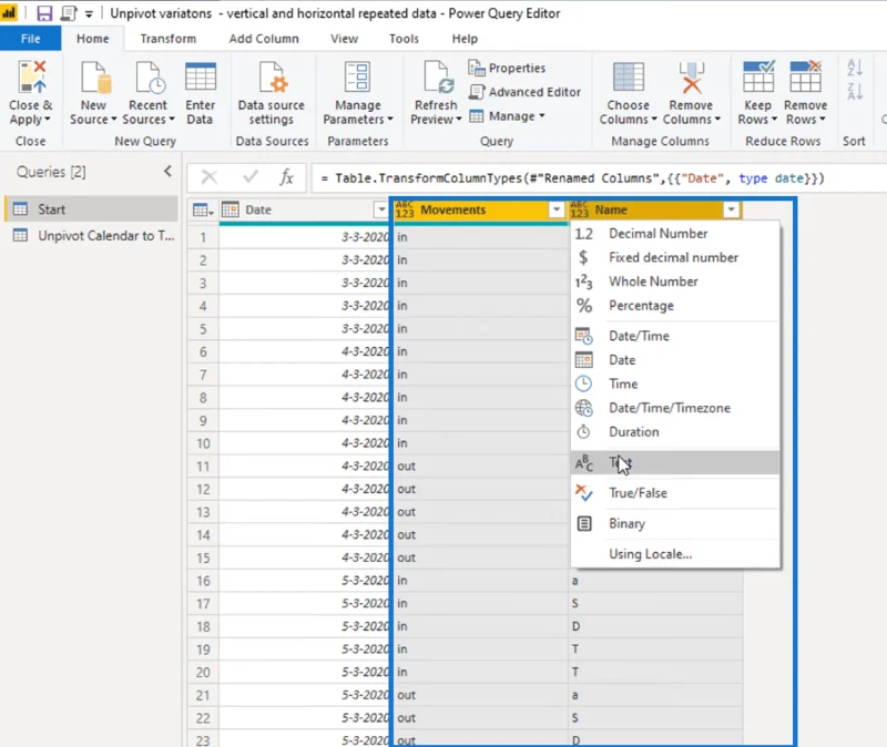 Forvandling af kalendertypelayout til tabelformat i LuckyTemplates ved hjælp af Query Editor