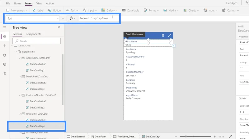 Power Apps -lomakkeet ja tietokortit yksityiskohdassa