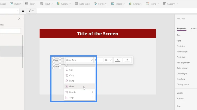 Microsoft Power Apps: Elementtien ryhmittely yhteen