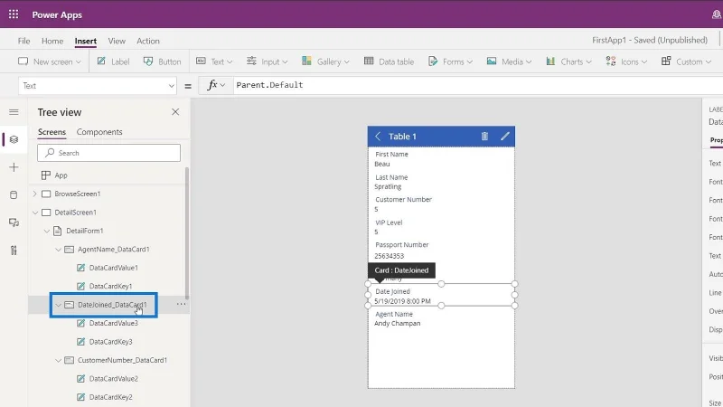 PowerApps-datakort og eiendomstildeling