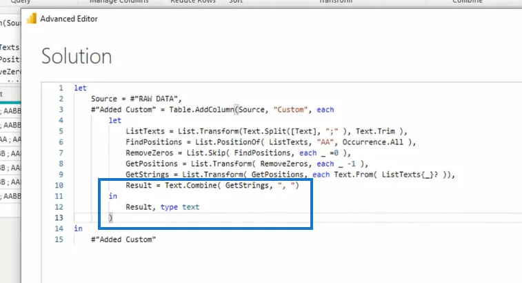 Power Query Advanced Editorin käyttäminen arvojen poimimiseen ennen tiettyä tekstiä