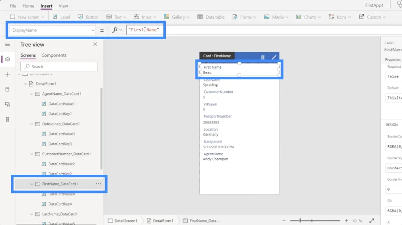 Power Apps -lomakkeet ja tietokortit yksityiskohdassa