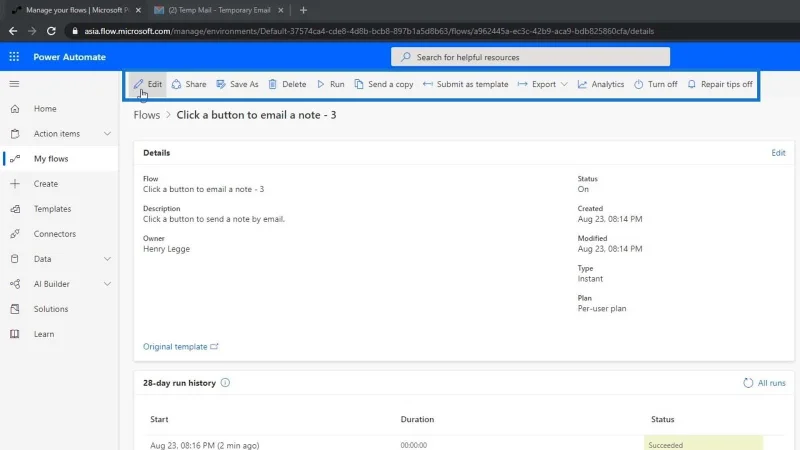 Flowdiagrammer og flowdetaljeside i Power Automate