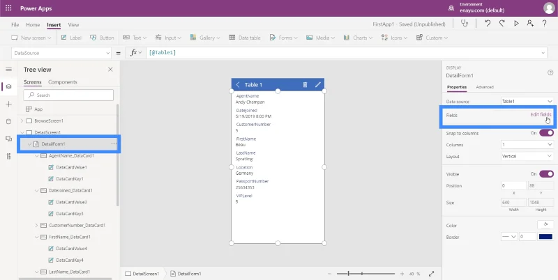 Power Apps -lomakkeet ja tietokortit yksityiskohdassa