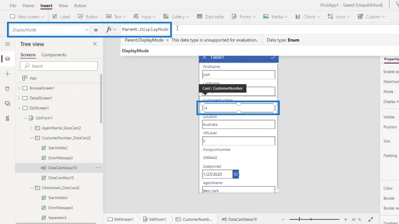 PowerApps-näyttö: muokkaaminen ja päivittäminen