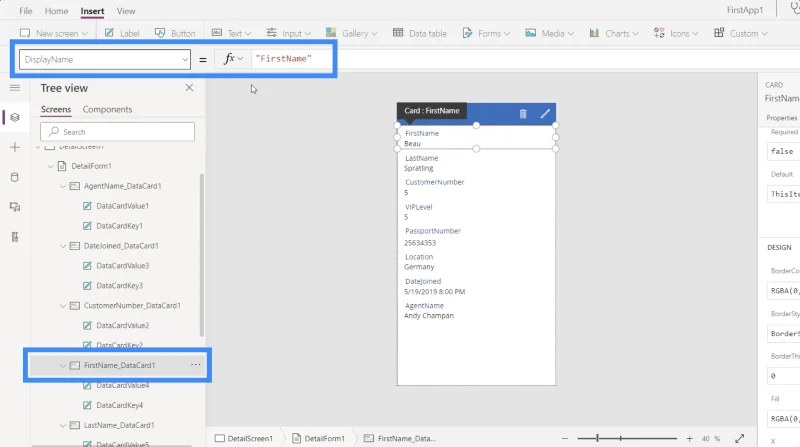 Power Apps -lomakkeet ja tietokortit yksityiskohdassa