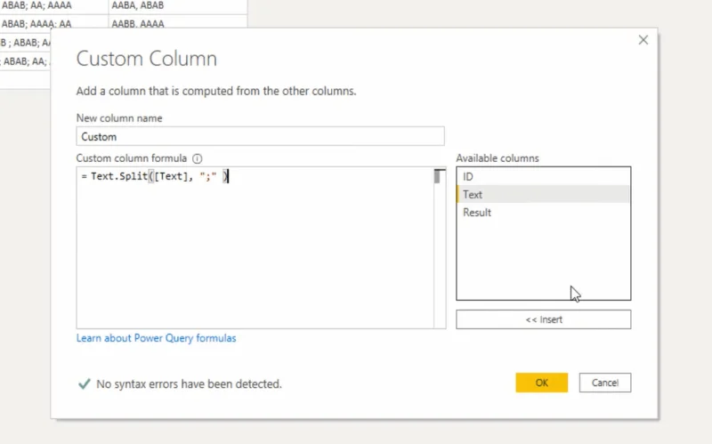 Power Query Advanced Editorin käyttäminen arvojen poimimiseen ennen tiettyä tekstiä