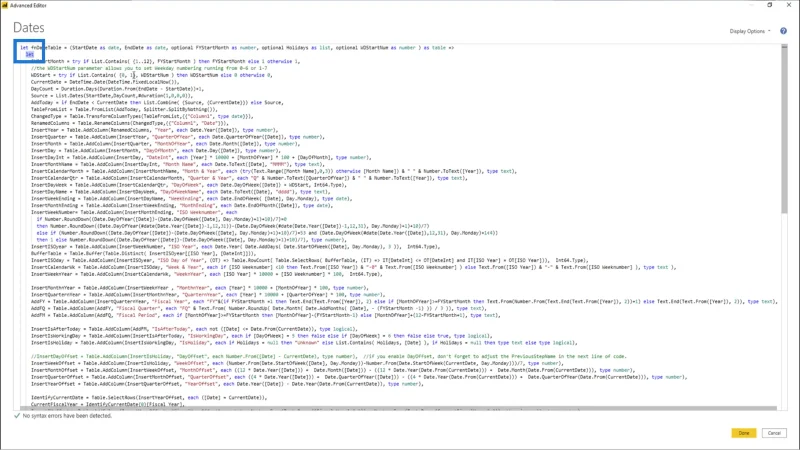 Konverter datotabelfunktionen til en tabelforespørgsel i LuckyTemplates