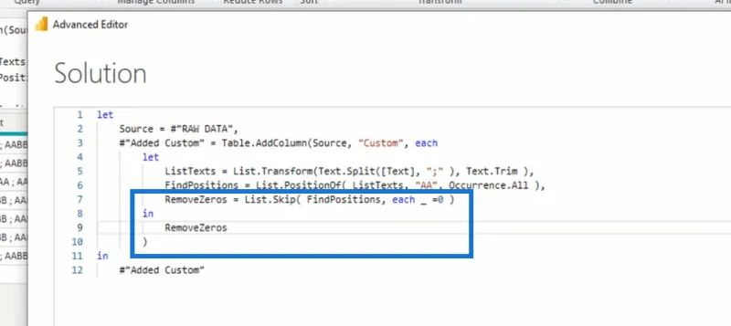 Power Query Advanced Editorin käyttäminen arvojen poimimiseen ennen tiettyä tekstiä