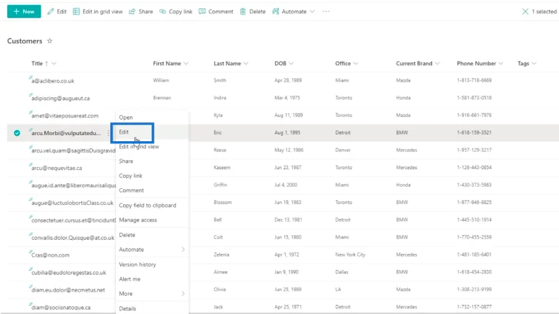 SharePoint-listeelement: Redigering av enkelt og flere elementer