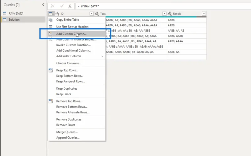 Power Query Advanced Editorin käyttäminen arvojen poimimiseen ennen tiettyä tekstiä