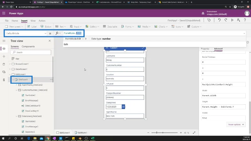 PowerApps-näyttö: muokkaaminen ja päivittäminen