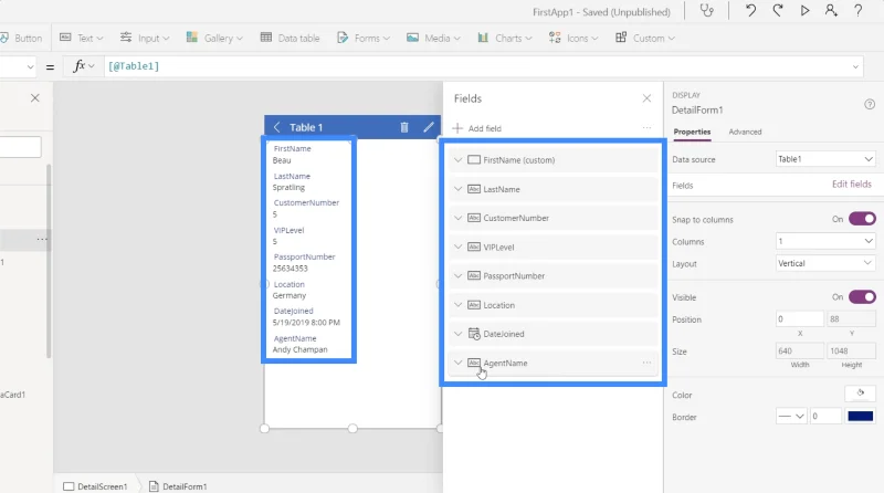 Power Apps -lomakkeet ja tietokortit yksityiskohdassa