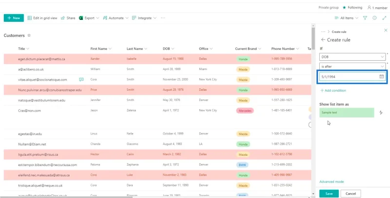 SharePoint-luettelon muotoilun esittely