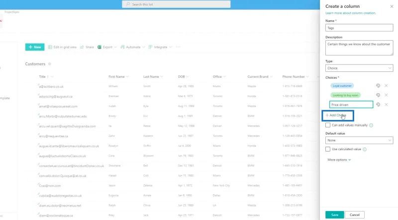 Legger til SharePoint-valgfelt i en liste