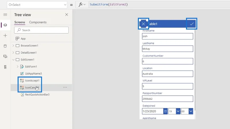 PowerApps-näyttö: muokkaaminen ja päivittäminen