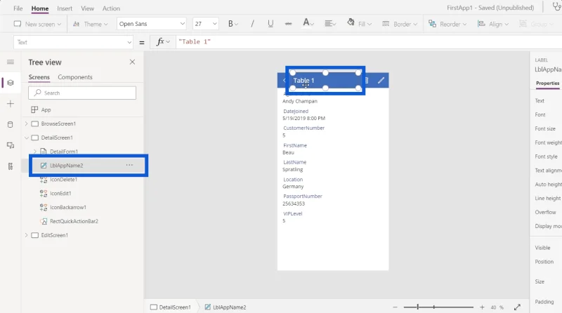 Power Apps -lomakkeet ja tietokortit yksityiskohdassa