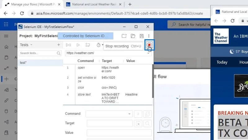 Selenium IDE Power Automate -käyttöliittymässä