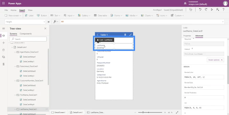 Power Apps -lomakkeet ja tietokortit yksityiskohdassa
