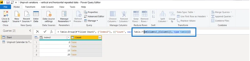 Forvandling af kalendertypelayout til tabelformat i LuckyTemplates ved hjælp af Query Editor