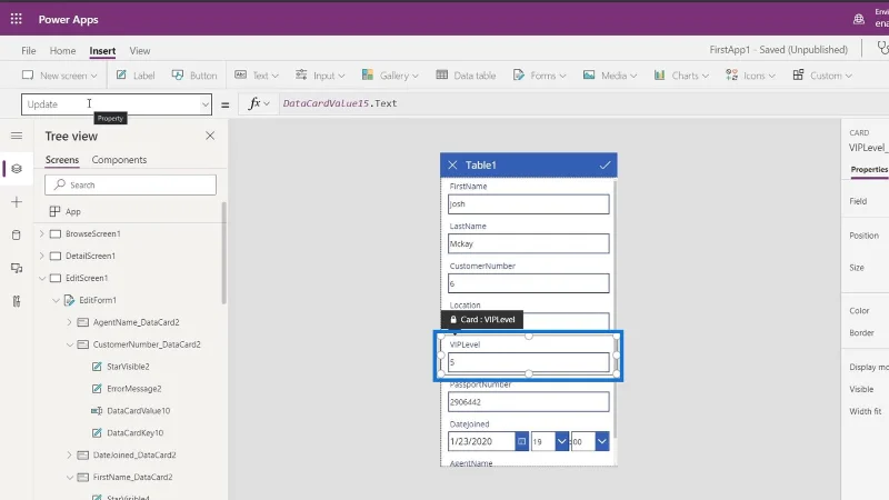 PowerApps-näyttö: muokkaaminen ja päivittäminen