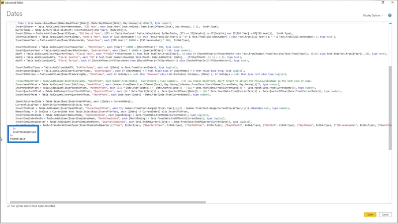 Konverter datotabelfunktionen til en tabelforespørgsel i LuckyTemplates