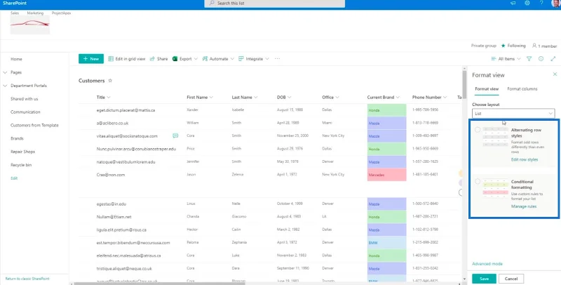 SharePoint-luettelon muotoilun esittely