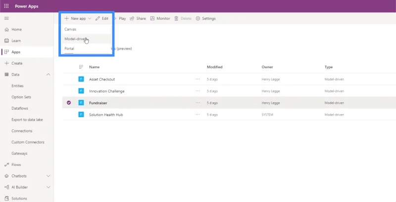 Power Apps modelldrevne apper: miljøoppsett og navigering