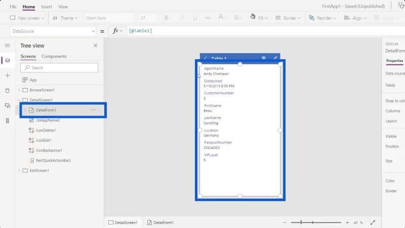 Power Apps -lomakkeet ja tietokortit yksityiskohdassa