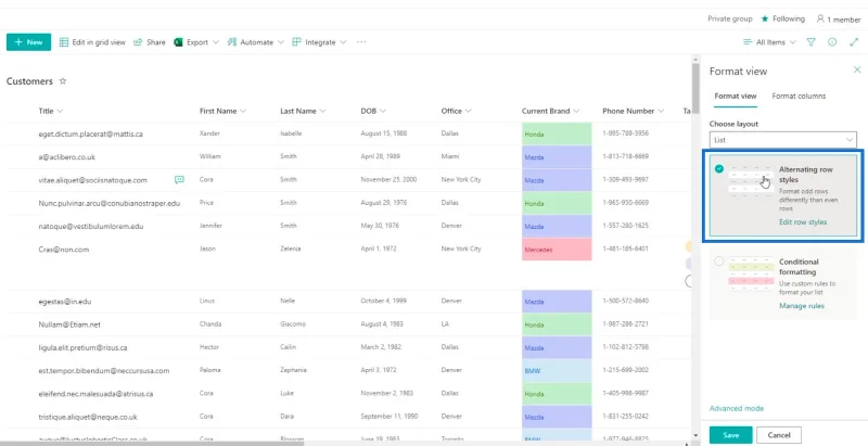 SharePoint-luettelon muotoilun esittely