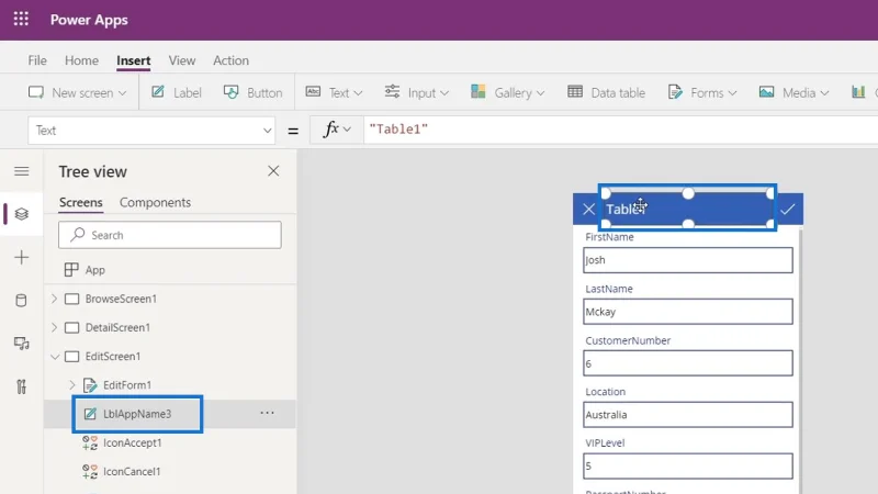 PowerApps-näyttö: muokkaaminen ja päivittäminen