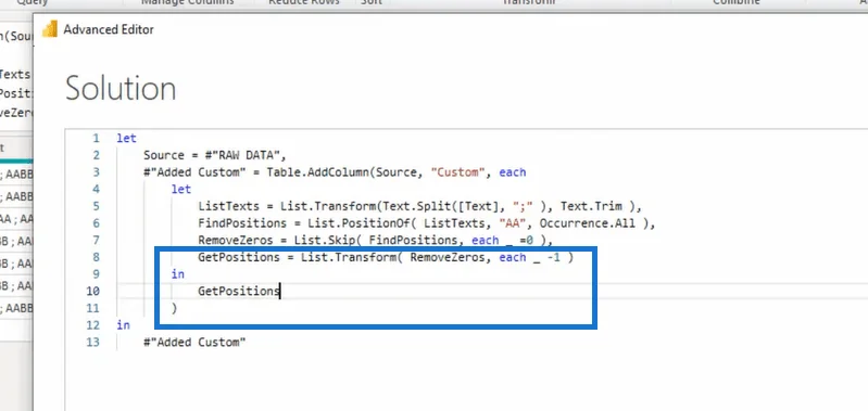 Power Query Advanced Editorin käyttäminen arvojen poimimiseen ennen tiettyä tekstiä