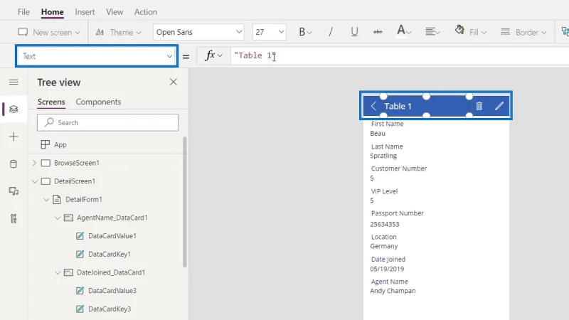 PowerApps-datakort og eiendomstildeling