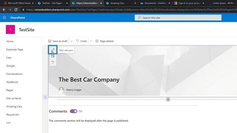 Úprava stránky lokality SharePoint