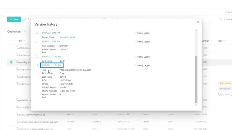 Versiohistoria SharePoint-luetteloissa